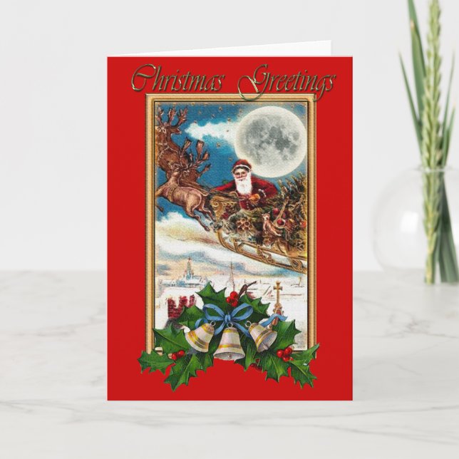 Santa Claus, Sleigh & Holly Bells Christmas Card (Front)