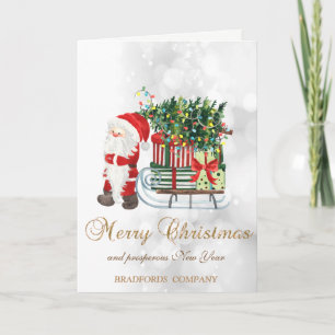 Santa Claus,Sleigh,Pine Tree,Presents,Bokeh Holiday Card