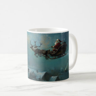 Santa Claus Sleigh Reindeer Over Rooftops Coffee Mug