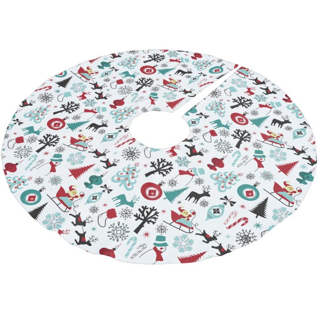 Santa Claus Sleigh Reindeer Pine Trees Art Pattern Brushed Polyester Tree Skirt (Angled)
