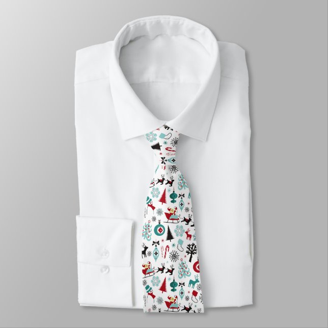 Santa Claus Sleigh Reindeer Pine Trees Art Pattern Tie (Tied)