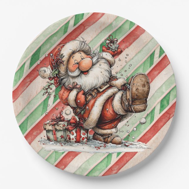 Santa Claus Slipping In the Snow Paper Plate (Front)