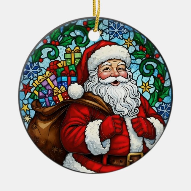 Santa Claus Snow Holly Christmas Ornament (Front)