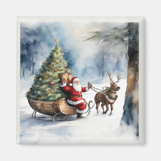 Santa Claus Snow Reindeer Sleigh Holiday Magnet