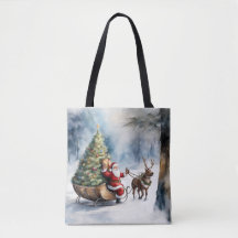 Santa Claus Snow Reindeer Sleigh Holiday Tote Bag 