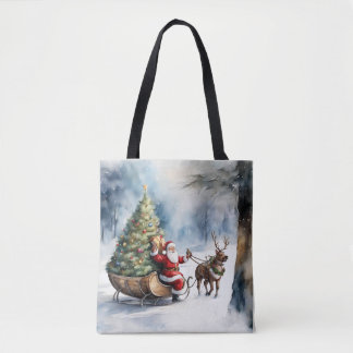 Santa Claus Snow Reindeer Sleigh Holiday Tote Bag 