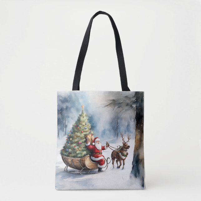 Santa Claus Snow Reindeer Sleigh Holiday Tote Bag  (Front)