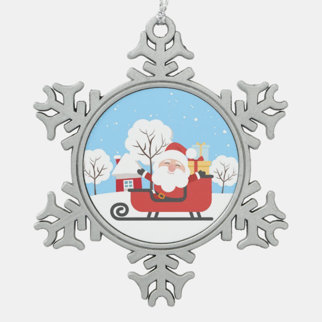 Santa Claus Snowflake Pewter Christmas Ornament (Front)