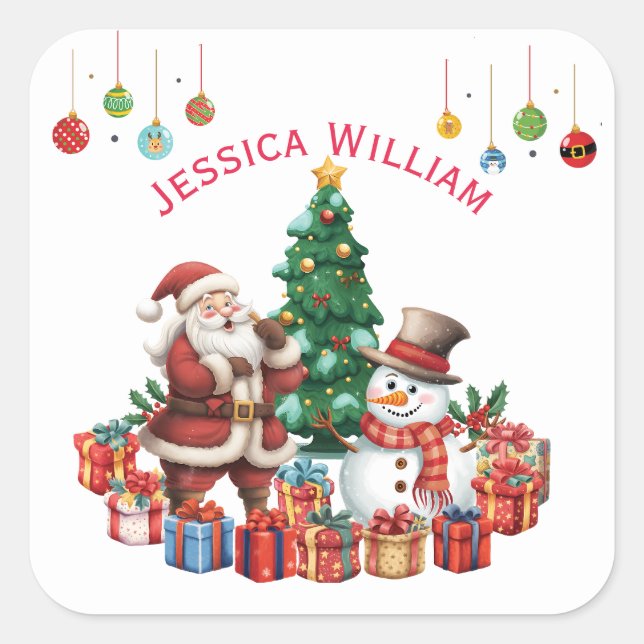 Santa Claus, Snowman  Festive Christmas Holiday  Square Sticker (Front)
