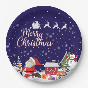 Santa Claus, Snowman Merry Christmas Holiday Paper Plate