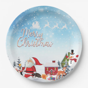 Santa Claus, Snowman Merry Christmas Holiday Paper Plate