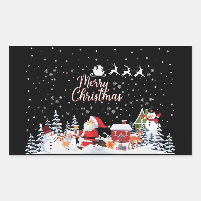 Santa Claus, Snowman Merry Christmas Holiday Rectangular Sticker (Front)