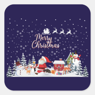 Santa Claus, Snowman Merry Christmas Holiday Square Sticker