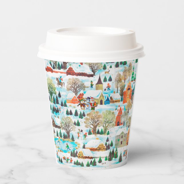 Santa Claus Snowman Penguin Band Christmas Village Paper Cups (Front)
