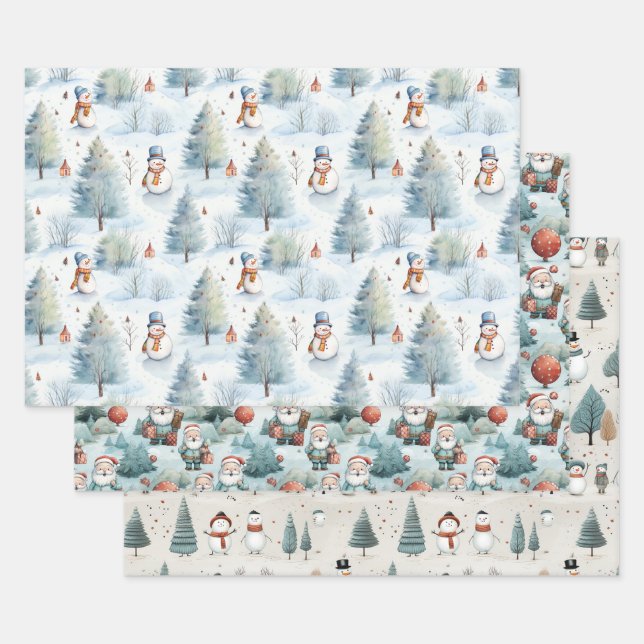 Santa Claus, Snowmen and Christmas Trees  Wrapping Paper Sheet (Set)