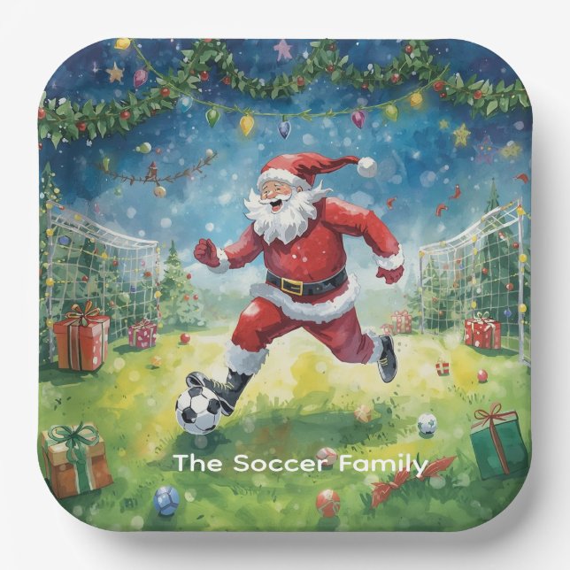 Santa Claus  Soccer Christmas Party  Paper Plate (Front)