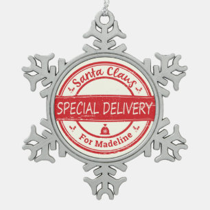 Santa Claus Special Delivery Custom Name Snowflake Pewter Christmas Ornament