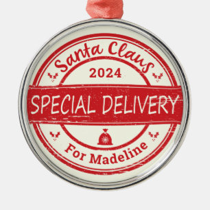 Santa Claus Special Delivery Custom Name Year Metal Tree Decoration