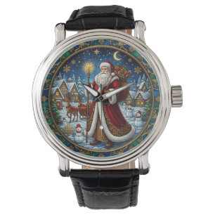 Santa Claus Stained Glass Holiday Scene Watch