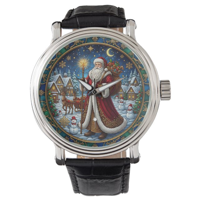 Santa Claus Stained Glass Holiday Scene Watch (Front)