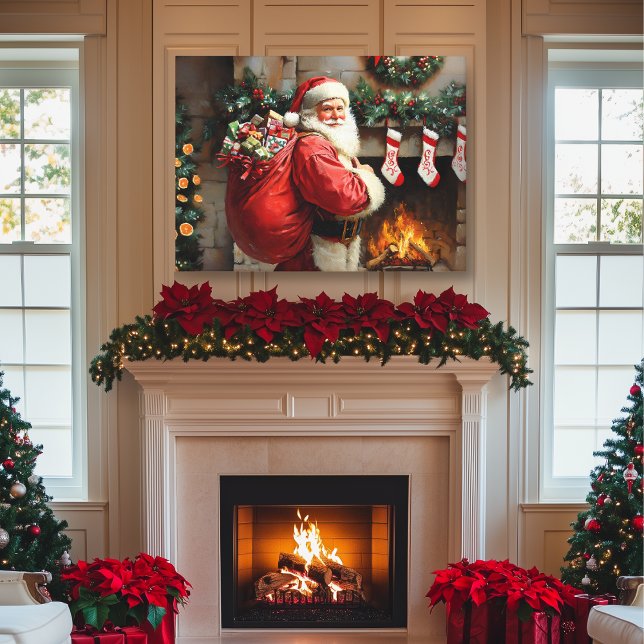 Santa Claus Standing In Front of a Fireplace Canvas Print (Santa Claus Canvas Wall Art Over Fireplace)