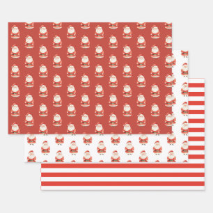 Santa Claus& Stripe Pattern Red& White Christmas Wrapping Paper Sheet