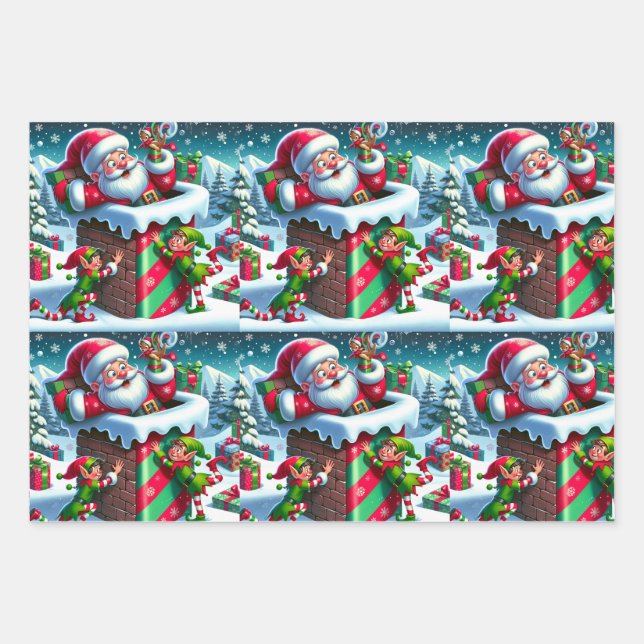 Santa Claus Stuck in a Chimney with Playful Elves Wrapping Paper Sheet (Front)