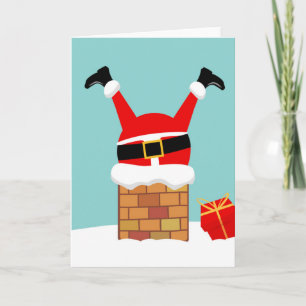 Santa Claus stuck in the chimney on the roof Card
