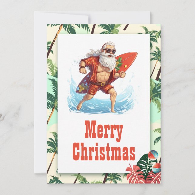 Santa Claus Surfer Cartoon Illustration Holiday Card (Front)