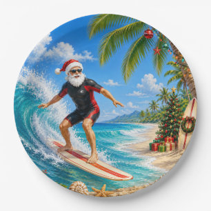 Santa Claus Surfing Beach view Christmas Party Paper Plate