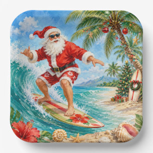 Santa Claus Surfing Beach view Christmas Party Paper Plate