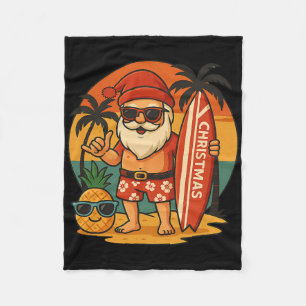 Santa Claus Surfing Hawaii Christmas Beach Fun Fleece Blanket