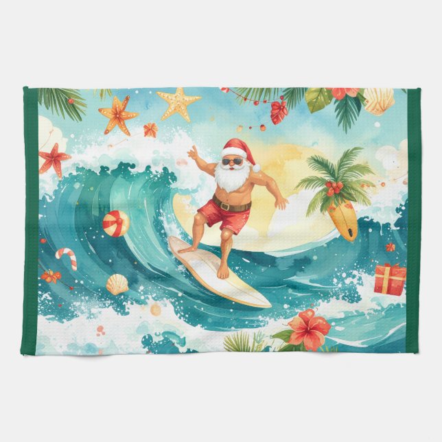  Santa Claus surfing on Christmas Holiday  Tea Towel (Horizontal)
