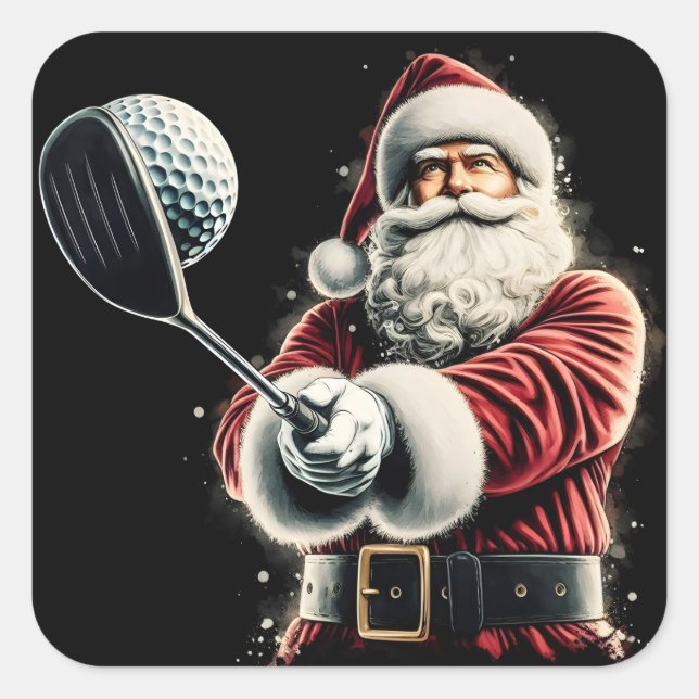 Santa Claus Swinging a Golf Club in Festive Attire Square Sticker (Front)
