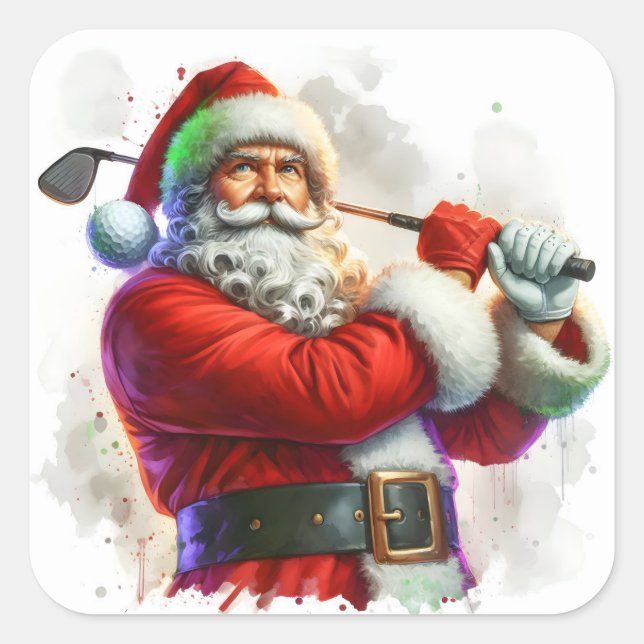 Santa Claus Swinging a Golf Club in Festive Attire Square Sticker (Front)