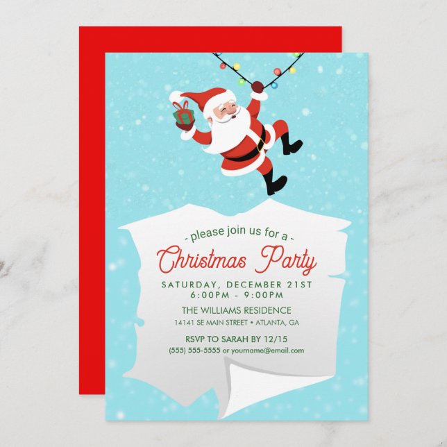 Santa Claus swinging on a string of rope Christmas Invitation (Front/Back)