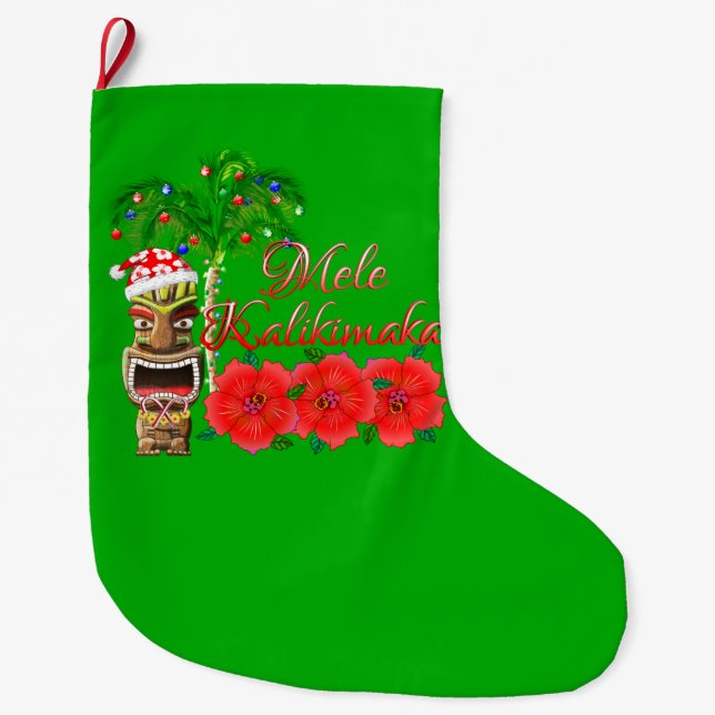 Santa Claus Tiki Mele Kalikimaka Large Christmas Stocking (Front)
