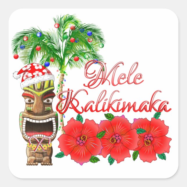Santa Claus Tiki Mele Kalikimaka Square Sticker (Front)