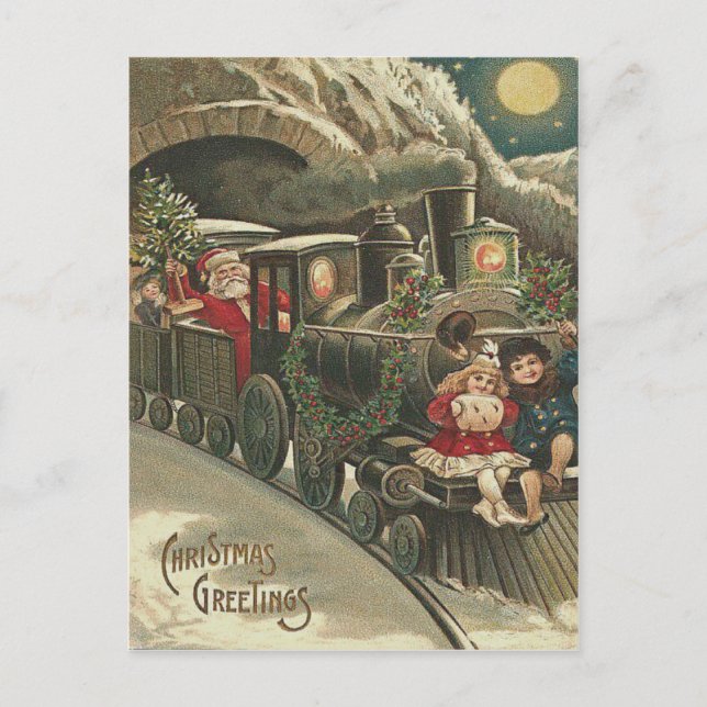 Santa Claus Train Holly Garland Children Holiday Postcard (Front)