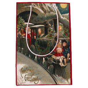 Santa Claus Train VIntage Christmas Medium Gift Bag