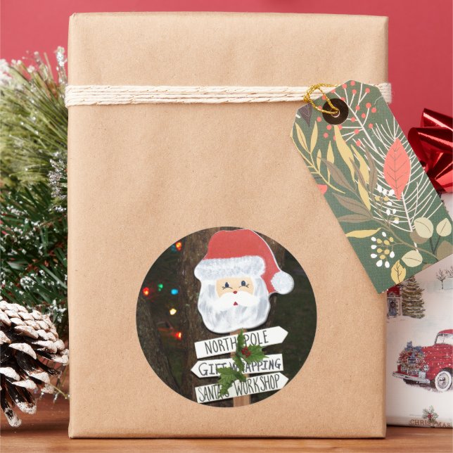Santa Claus Tree Lights North Pole Classic Round Sticker (Holiday)