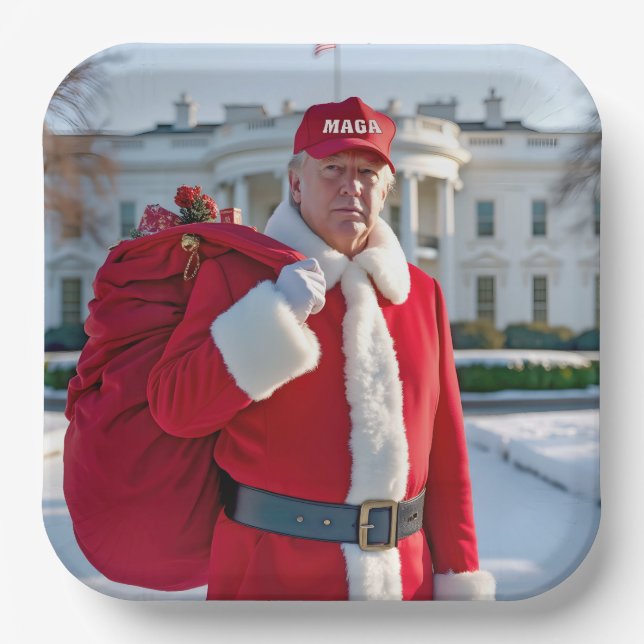 Santa Claus Trump With MAGA Hat Paper Plate (Front)