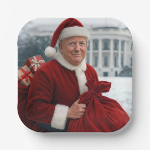 Santa Claus Trump With Red Gift Bag Paper Plate