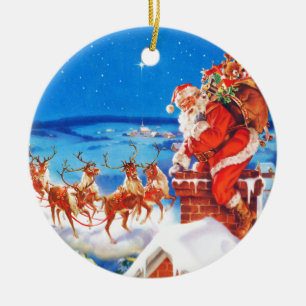 Santa Claus Up On The Rooftop In The Snow Ceramic Tree Decoration