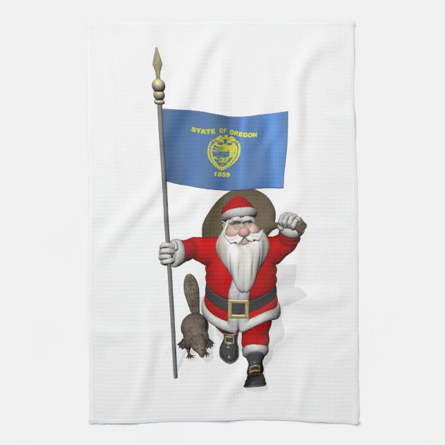 Santa Claus Visiting The Beaver State Tea Towel (Vertical)