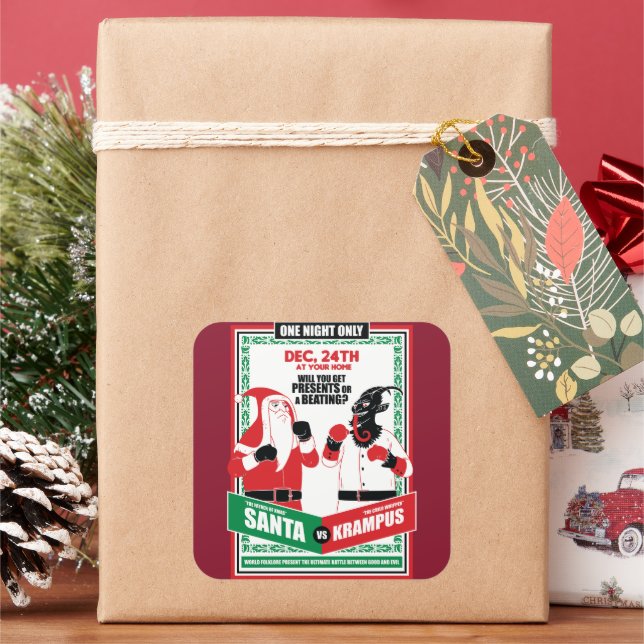 Santa Claus vs. Krampus Boxing Match Good vs. Evil Square Sticker (Holiday)
