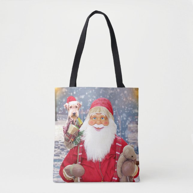 Santa Claus w Christmas Gifts Airedale Dog Tote Bag (Front)