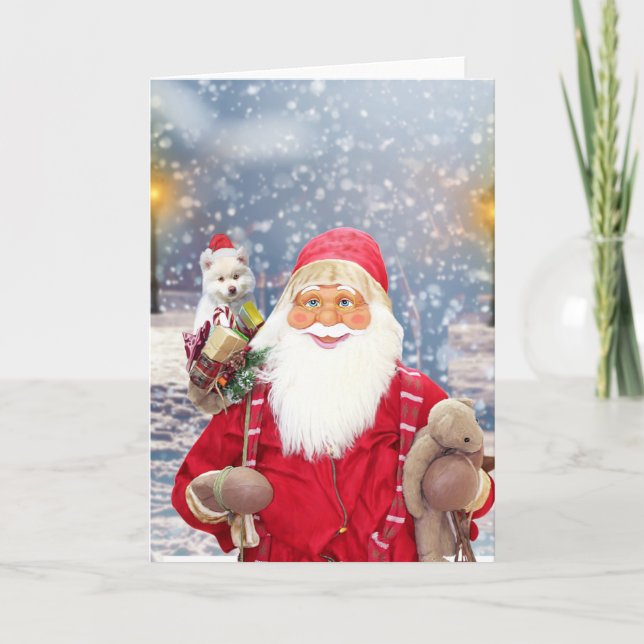 Santa Claus w Christmas Gifts American Eskimo Dog Holiday Card (Front)