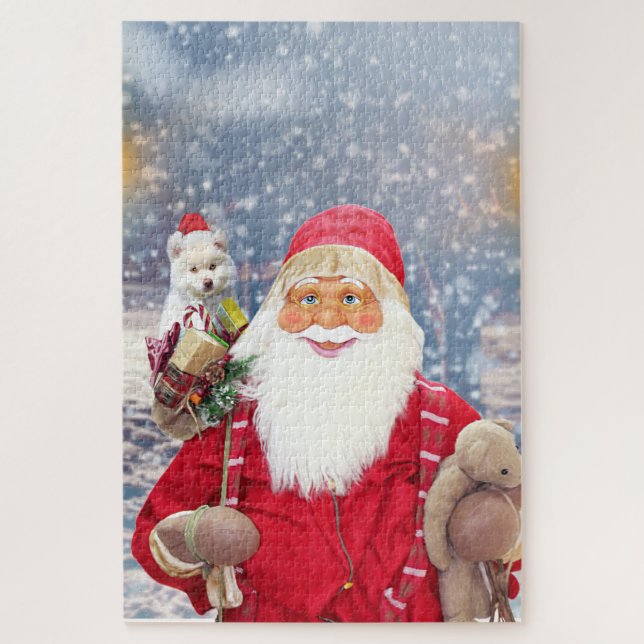 Santa Claus w Christmas Gifts American Eskimo Dog Jigsaw Puzzle (Vertical)