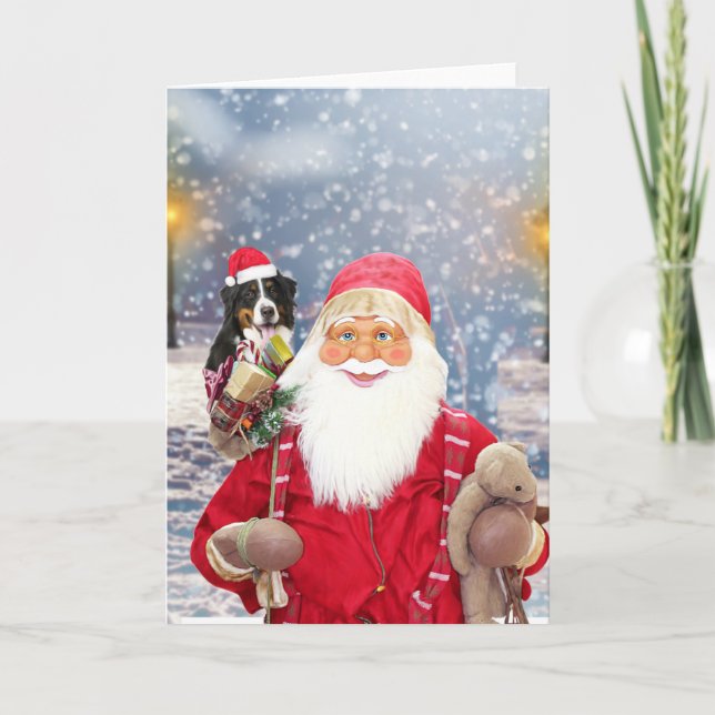 Santa Claus w Christmas Gifts Bernese Mountain Dog Holiday Card (Front)
